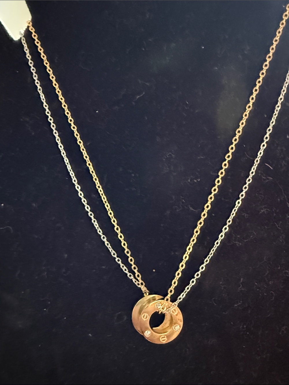 Two-Tone Gold and Silver Double Chain Necklace with Interlocking Rings